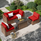 Amopatio 5 Pieces Patio Furniture Set with Fire Pit Table, Outdoor Furniture Sectional Rattan Sofa with Slanted Back, Wine(Include 2 Waterproof Cover) Amopatio