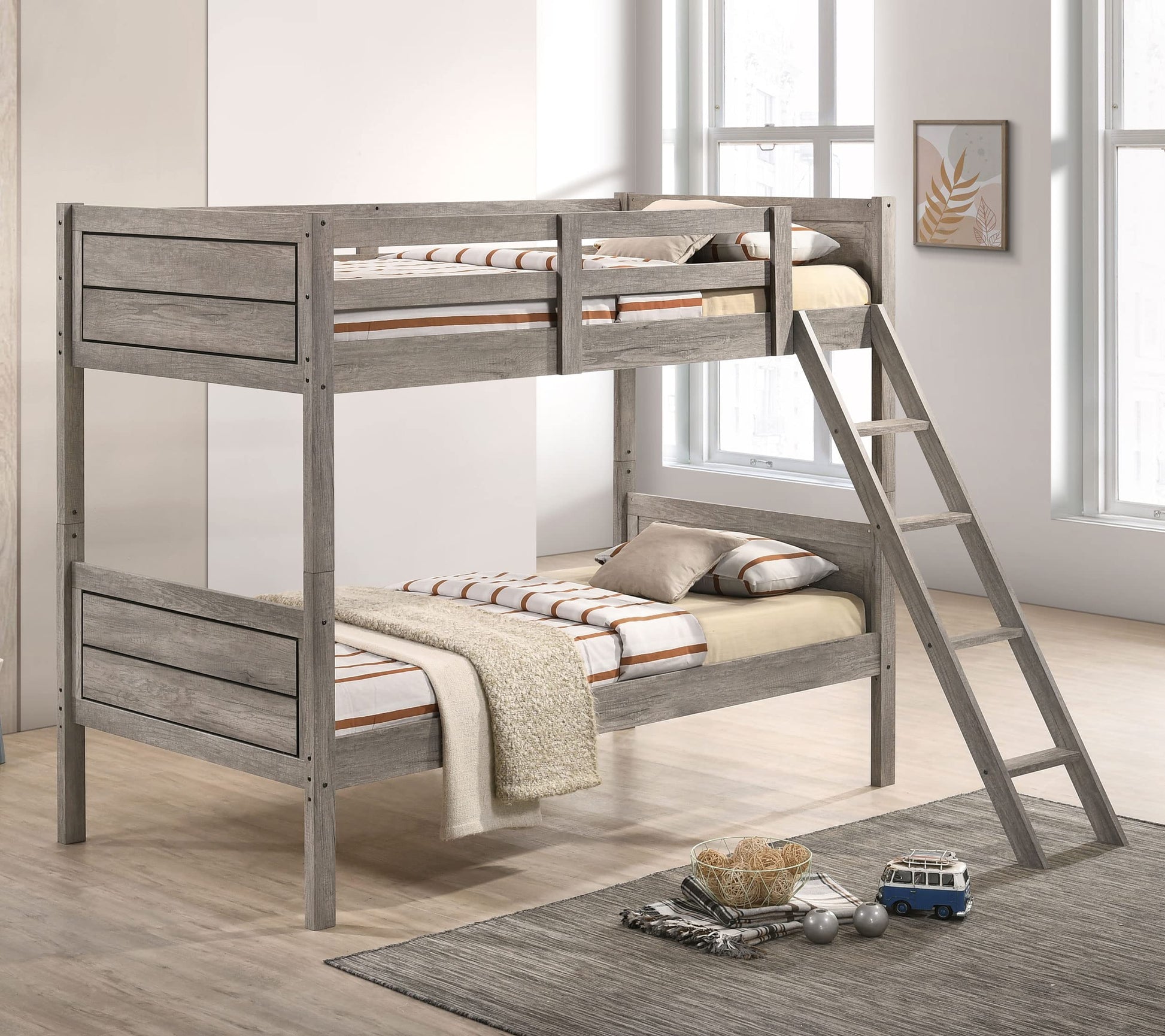 Ryder Twin Over Twin Solid Wood Bunk Bed in Weathered Taupe with Guardrail & Ladder by Coaster Home Furnishings - WoodArtSupply