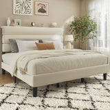 Fluest King Bed Frame, Platform Bed with Velvet Upholstered Headboard, No Box Spring Needed, Sturdy Metal Support, Noise Free, Easy Assembly, Mattress Foundation, Modern Bedroom Furniture, Beige Fluest