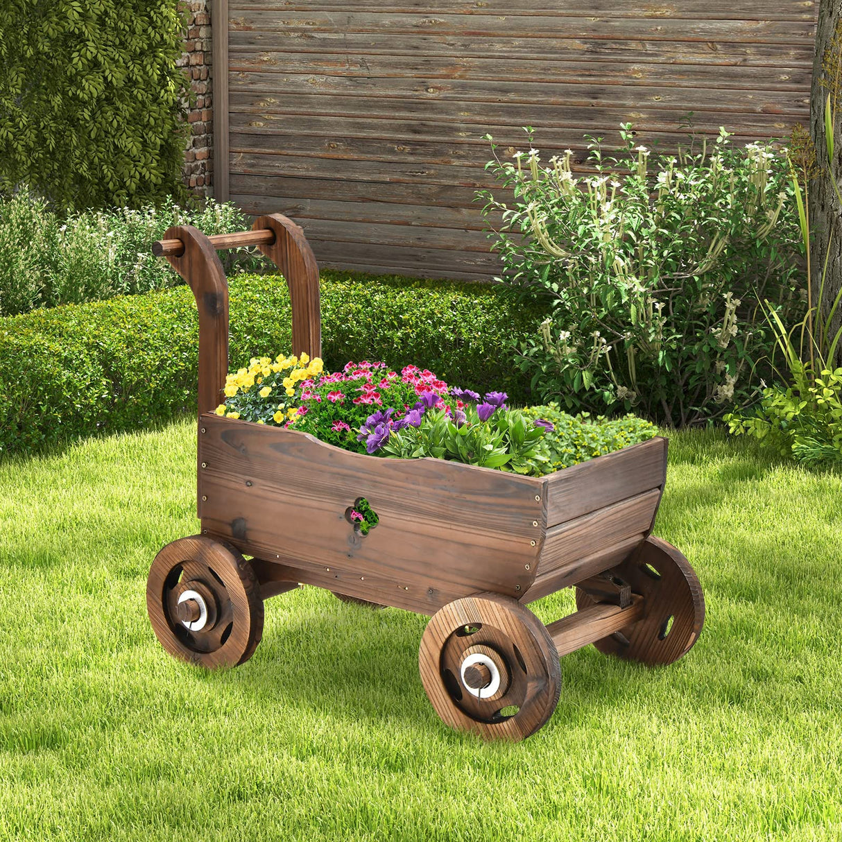 HAPPYGRILL Wagon Flower Planter Cart, 4-Wheel Wood Garden Wagon Decor with 2 Drainage Holes, Movable Flowerpot Holder Stand, Indoor Outdoor Raised Plant Bed HAPPYGRILL