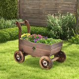 HAPPYGRILL Wagon Flower Planter Cart, 4-Wheel Wood Garden Wagon Decor with 2 Drainage Holes, Movable Flowerpot Holder Stand, Indoor Outdoor Raised Plant Bed HAPPYGRILL