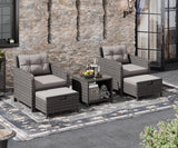 LHBcraft Balcony Furniture 5 Piece Patio Conversation Set, PE Wicker Rattan Outdoor Lounge Chairs with Soft Cushions 2 Ottoman&Glass Table for Porch, Lawn-Grey Wicker (Grey-Grey) LHBcraft