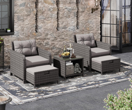LHBcraft Balcony Furniture 5 Piece Patio Conversation Set, PE Wicker Rattan Outdoor Lounge Chairs with Soft Cushions 2 Ottoman&Glass Table for Porch, Lawn-Grey Wicker (Grey-Grey) LHBcraft