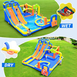 WELLFUNTIME Inflatable Water 3 Slides Park with Blower, Inflatable Bounce House with Climbing Wall, Water Cannon, Dartboard, Flower Sprayer and Deep Pool WELLFUNTIME