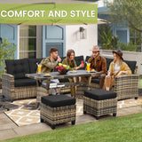 KROFEM 6-Piece Outdoor Patio Furniture Set - Sectional Sofa, Dining Table & Chairs Included, All-Weather Dining Set with Ottoman, Natural Wicker and Black Cushions KROFEM