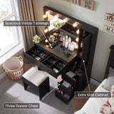 JXQTLINGMU Farmhouse Vanity Makeup Desk with Charging Station, 43" W Vanity Desk with Lights Mirror and Drawers for Makeup, Big Modern Makeup Table Set with Stool for Bedroom, Black JXQTLINGMU