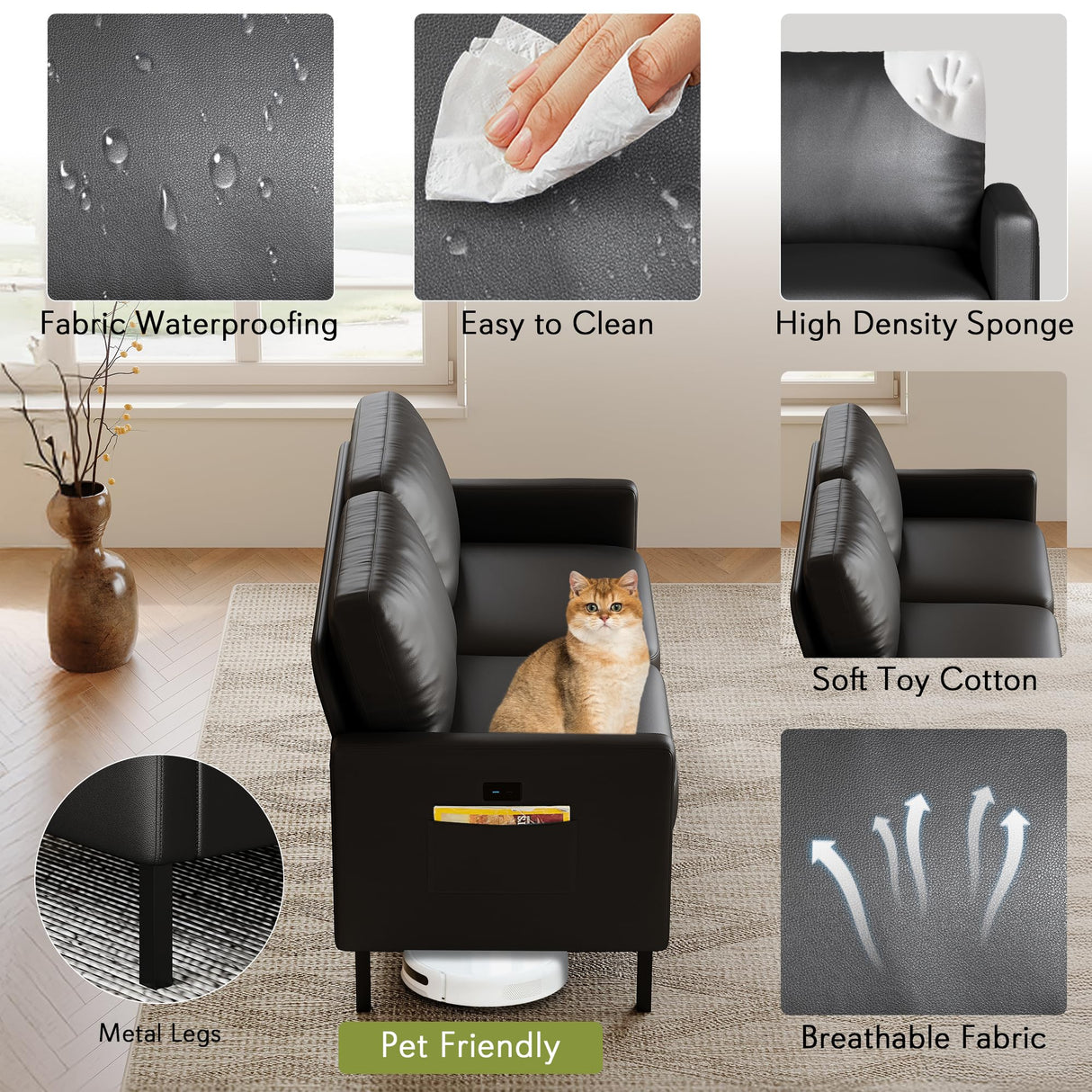 STHOUYN 56" W Faux Leather Loveseat w/ 2 USB, Black Love Seat w/Side Pockets, Small Loveseat for Small Space, Leather Couch for Bedroom, Apartment, Dorm, Black STHOUYN