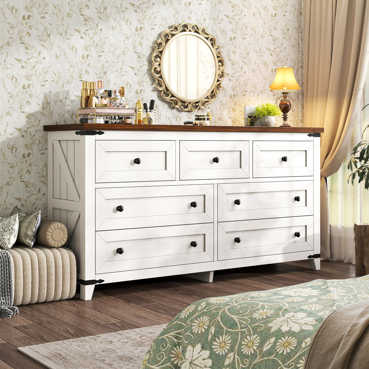 Romorgniz White Dresser, Farmhouse Dresser with Smooth Metal Rails, Wide Large Storage Drawers and TV Stand for Bedroom, Hallway Romorgniz