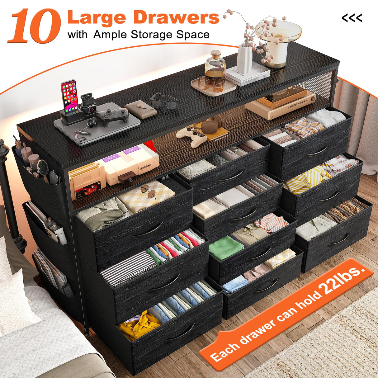 EnHomee Dresser TV Stand with 10 Drawers for 55" TV Stand for Bedroom with LED Lights & Power Outlets Wide Dresser for Bedroom with Shelves & Side Pockets Sturdy Metal Frame & Wood Top, Charcoal Black EnHomee