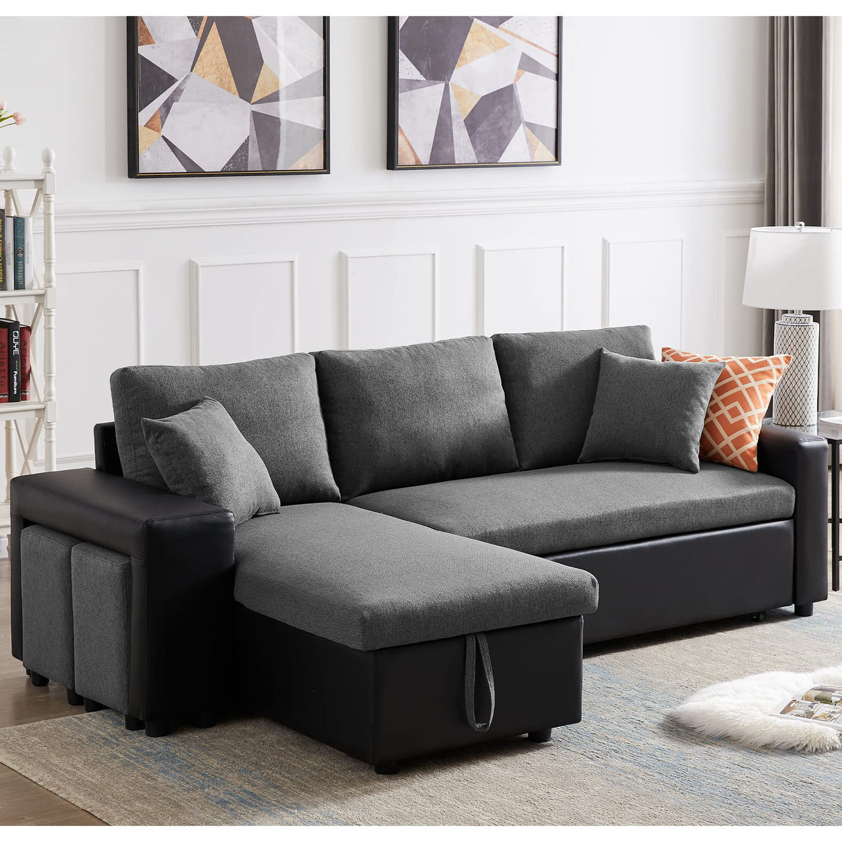 ARCLIS 92.5" Sleeper Sofa Bed, Convertible 3-Seater L-Shape Couch Bed with Storage Chaise 2 Stools Pull Out Sofa Bed, Corner Sectional Sleeper Couch for Living Room Apartment (Gray) ARCLIS