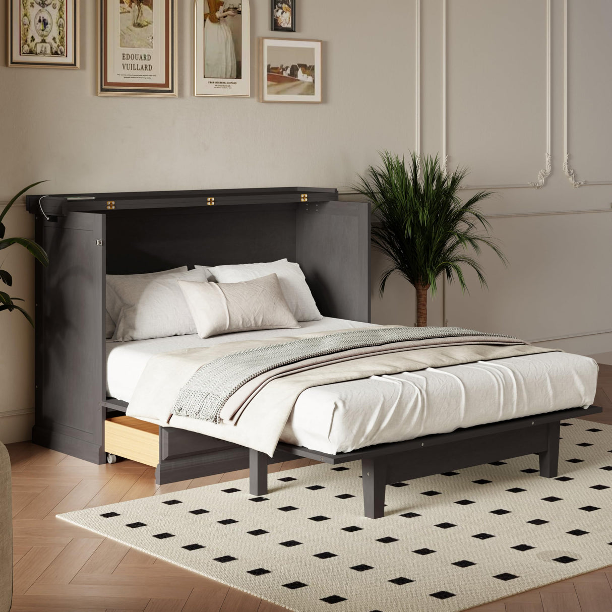 Harper & Bright Designs Queen Size Murphy Bed, Solid Pine Queen Murphy Frame Chest Cube Cabinet Bed with Charging Station and Large Drawer for Home Office or Small Room, Gray Harper & Bright Designs