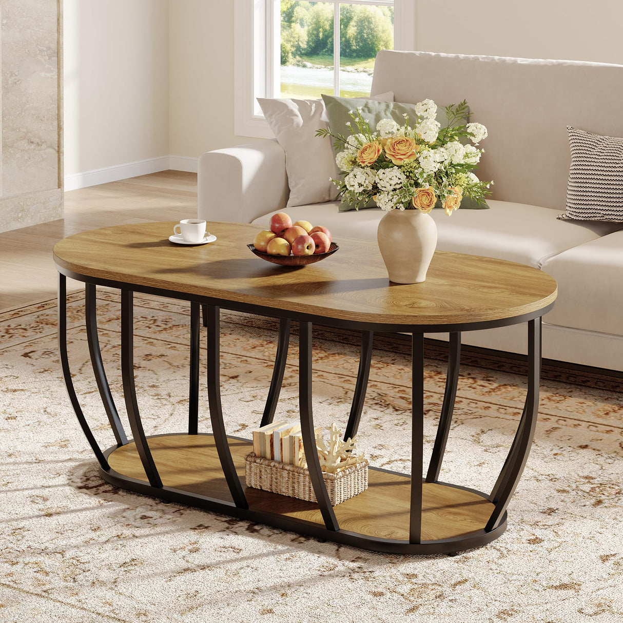 Tribesigns Oval Industrial Coffee Table with 2-Tier Storage, 47.2" Modern Wooden Center Cocktail Table with Curved Metal Base for Living Room, Home Office, Easy Assembly, Rustic Brown Tribesigns
