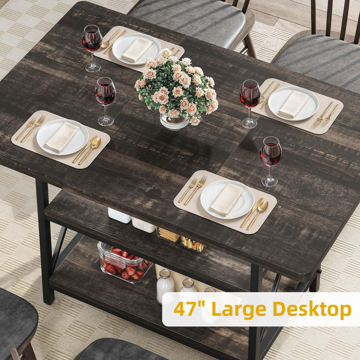 DWVO Dining Room Table 47 Inch Rectangle Dining Table for 4 People Farmhouse Kitchen Table Rustic Dinner Table with Storage Shelf and Heavy Duty Metal Legs for Home Apartment DWVO