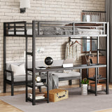 Queen Over Twin XL Metal Bunk Bed, Metal Loft Bed with Desk and Shelves, Multiple Uses Folds into Sofa with LED and USB, Black Bellemave