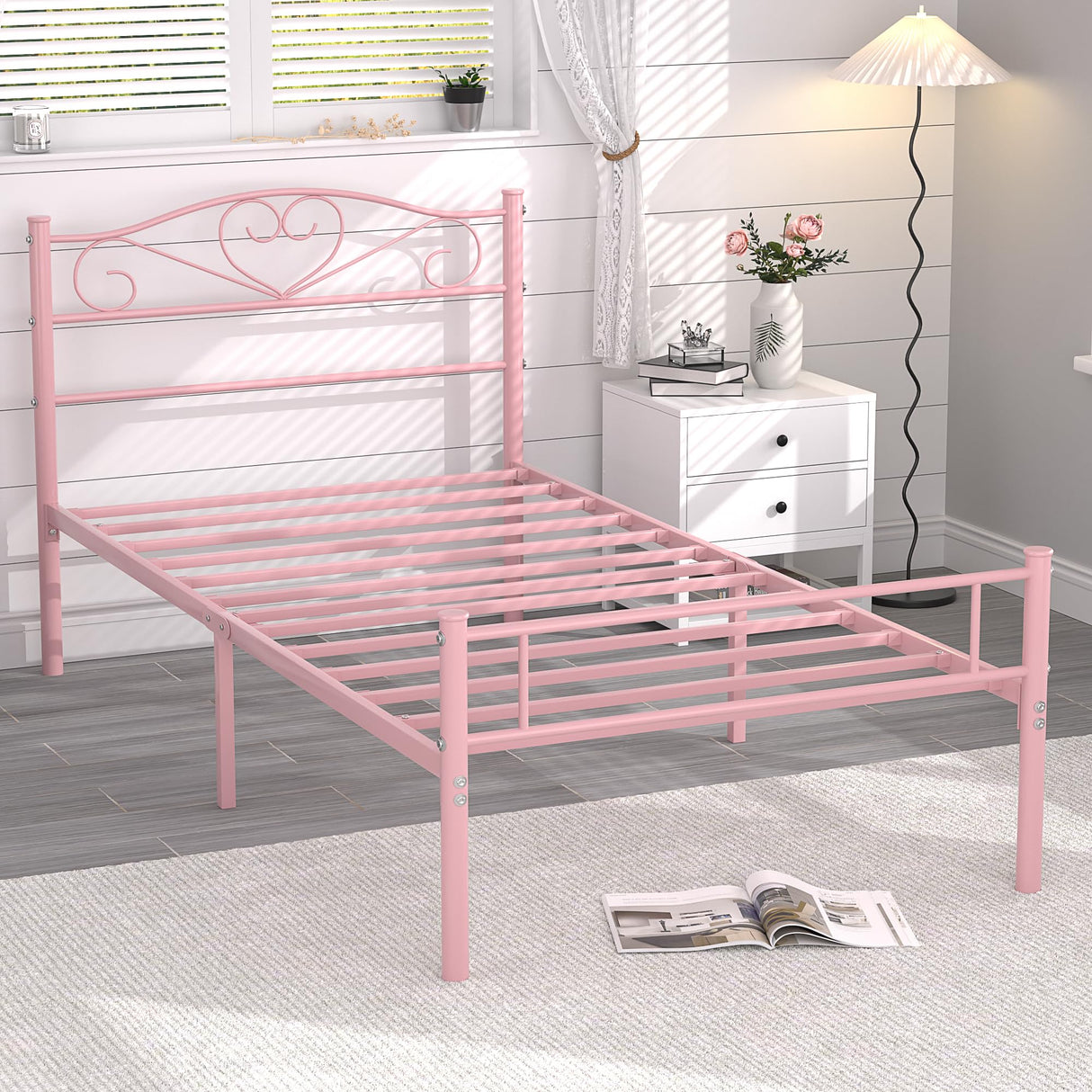 VECELO 14 Inch Twin Size Metal Platform Bed Frame with Headboard and Footboard, Heavy Duty Mattress Foundation with Steel Slats Support, No Box Spring Needed, Pink VECELO