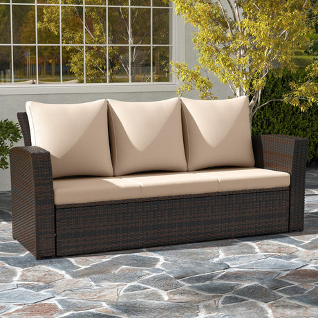 Wisteria Lane All Weather Wicker Patio Couch, 3 Seats Patio Sofa with Thick Cushions, Outdoor Furniture Couch with High Back, Outdoor Patio Sofa for Garden, Backyard, Porch, Beige Wisteria Lane
