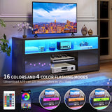 DWVO LED TV Stand for 55 Inch TV, Entertainment Center with 2 Storage Cabinet, 5 Open Shelves, Modern High Glossy Wood TV Console Table for Home, Living Room, Gaming Media Stand, Black DWVO