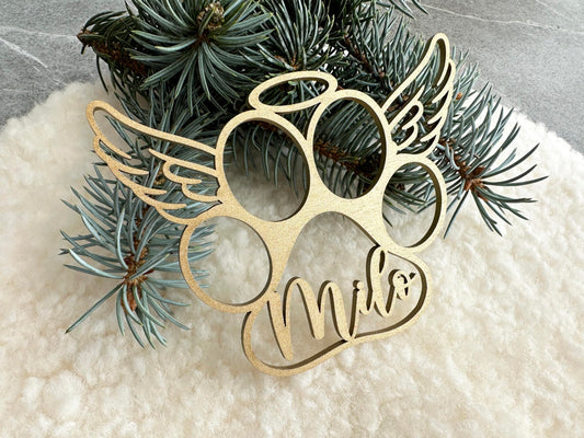 Dog Angel Wings Ornament, Pet Memorial Ornament, Personalized Paw Print Ornament for Christmas Tree, Wooden Xmas Decor, Stocking Tags - WoodArtSupply