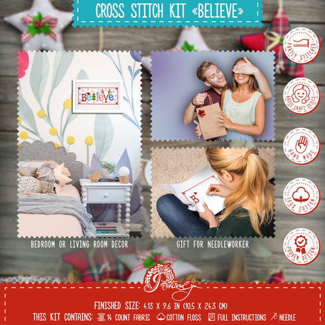 Counted Cross Stitch Kit 'Believe' - Embroidery Set for The Holidays, Encouragement, or Inspiring Everyday Possibilities with a Christmas Tree, Snowflake, Deer and Santa Hat Povitrulya