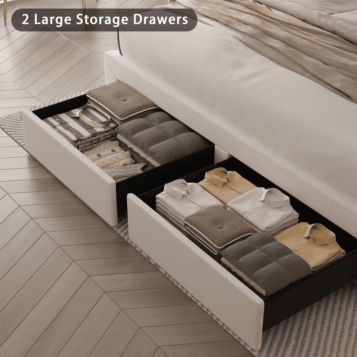 Fastroby King Size Bed Frame with Adjustable Headboard and 2 Storage Drawers, Upholstered Bed Frame King with RGB LED Light and Charging Station, Easy Assembly, No Box Spring Needed, Off White Fastroby