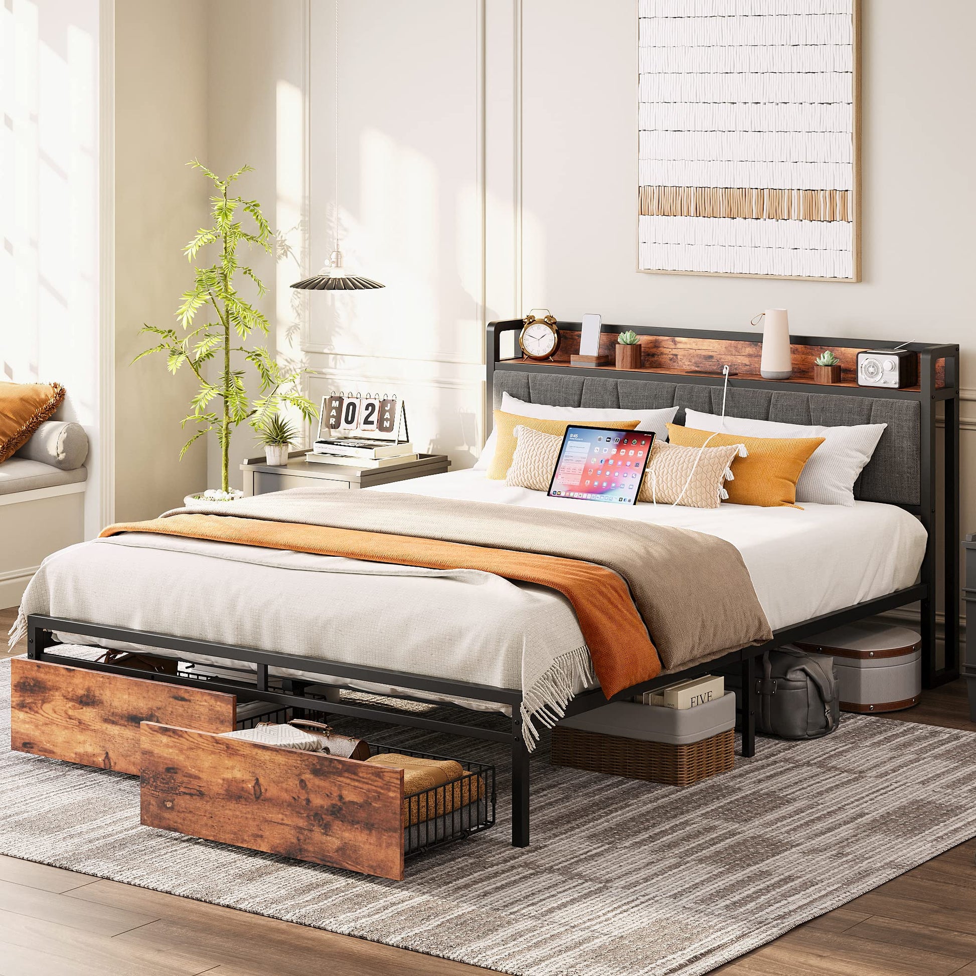 Vintage Brown & Gray LIKIMIO Queen Bed Frame with Storage Headboard and Charging Station - WoodArtSupply