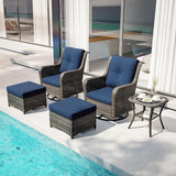 Joyside 5 Piece Outdoor Patio Furniture Set Wicker Conversation Bistro Set Swivel Rocking Chairs with Side Table and Ottomans for Backyard, Porch, Deck(Mixed Grey/Blue) Joyside