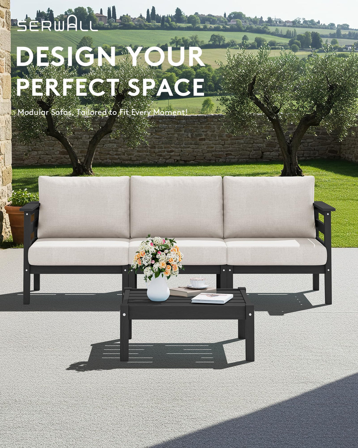 SERWALL HDPE Outdoor Furniture Set, 4 Pieces Patio Sectional Sofa Set, All-Weather Wood-Like Outdoor Sofa with Coffee Table for Deck, Garden, Black Frame with Khaki Cushion SERWALL