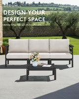 SERWALL HDPE Outdoor Furniture Set, 4 Pieces Patio Sectional Sofa Set, All-Weather Wood-Like Outdoor Sofa with Coffee Table for Deck, Garden, Black Frame with Khaki Cushion SERWALL