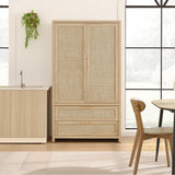 SICOTAS Rattan Armoire Wardrobe Closet Cabinet, 71" Tall Wardrobe Storage Cabinet with Doors, Large Drawers and Hanging Rod, Boho Armoire Clothes Organizer for Bedroom, Cloak Room, Light Oak SICOTAS