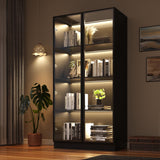 Wildhome Display Storage Cabinet with Glass Door, LED Lights,Showcase for Collections, Perfume, Vinyl Albums, Bookcase for Home Office, Living Room, Clinic, Pantry (Black- 4 Layers) Wildhome