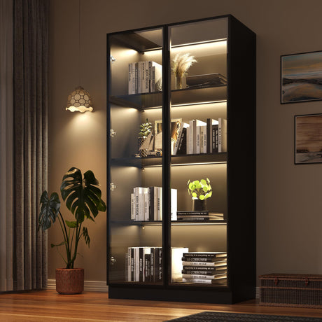 Wildhome Display Storage Cabinet with Glass Door, LED Lights,Showcase for Collections, Perfume, Vinyl Albums, Bookcase for Home Office, Living Room, Clinic, Pantry (Black- 4 Layers) Wildhome