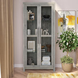 BELLEZE 68" Height Curio Cabinet, Tall Glass Display Cabinet with Adjustable Shelves for Living Room, Trophy Display Case - Avalon (New Gray Wash) BELLEZE