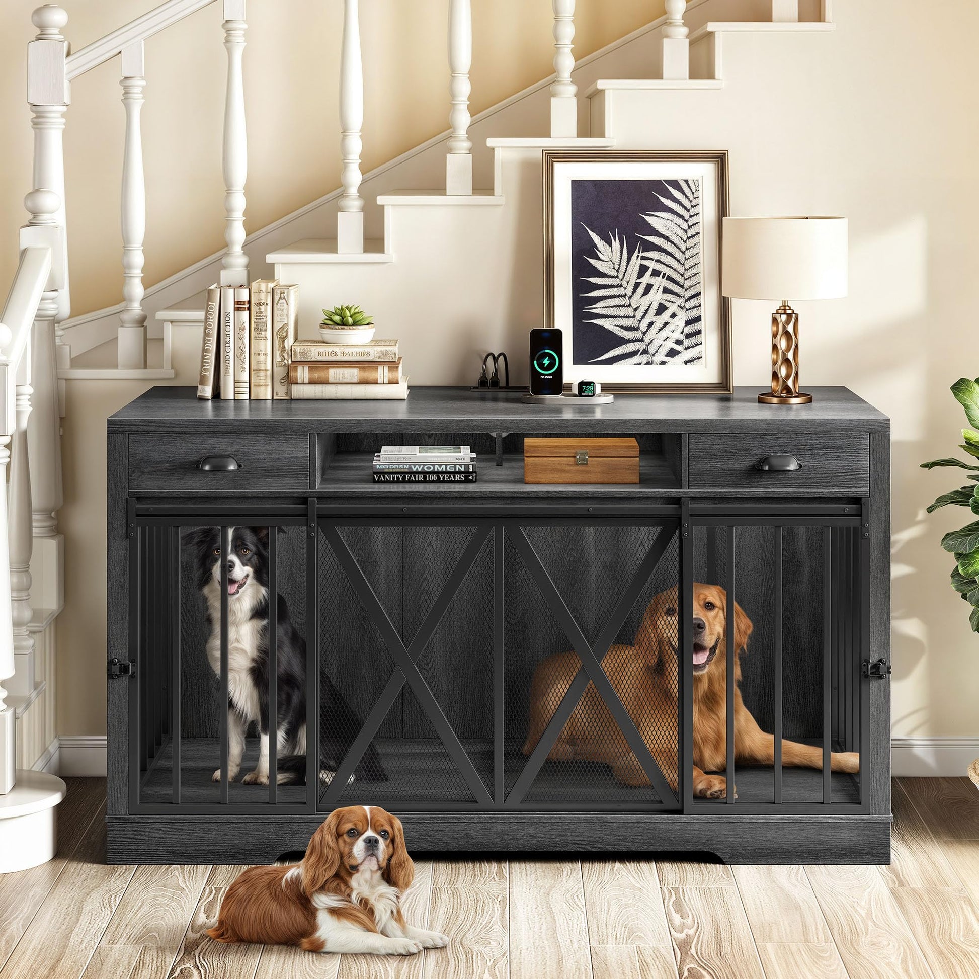 DWVO 63 Inch Double Dog Crate Furniture for 2 Dogs, Heavy Duty Wooden Dog Crate TV Stand with Charging Station, Dog Kennel Indoor Furniture Double Sliding Barn Door Design Ideal for 2 Dogs, G - WoodArtSupply