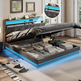 Fameill King Size Lift Up Storage Bed Frame, Storage Headboard with Charging Station, LED Lights Upholstered Platform Bed, No Box Spring Needed, Noise-Free, Dark Grey Fameill