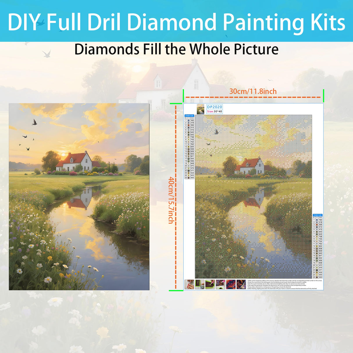 Landscape Diamond Painting Kits for Adults, Sunset Scenery Diamond Art Kits for Beginners, 5D DIY Full Round Drill Farm Diamond Painting Gem Art for Adults, Home Wall Decor 12 x 16 Inch Generic