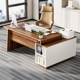 LITTLE TREE 70.5-Inch Executive Desk, Large Home Office Desk with Storage Cabinet and Open Shelves, L-Shaped Computer Corner Desk, Workstation for Office Home, Walnut and Black LITTLE TREE