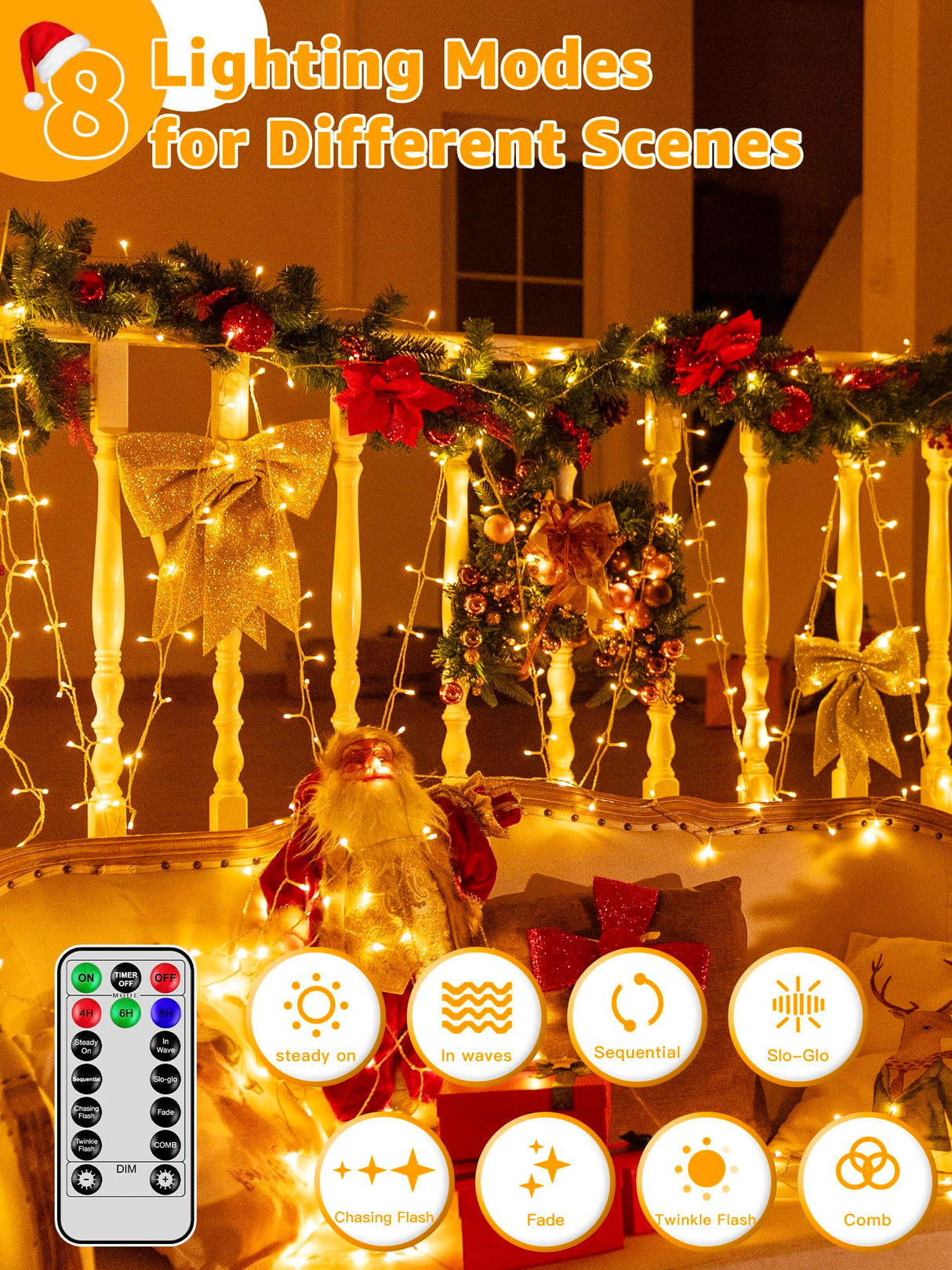 Guhope Christmas Lights 1200LED 196FT, Waterproof Outdoor String Lights with Remote and Timer, 8 Modes Dimmable Fairy Lights for Indoor Outdoor Wedding Party Holiday Decorations (Warm White) Guhope
