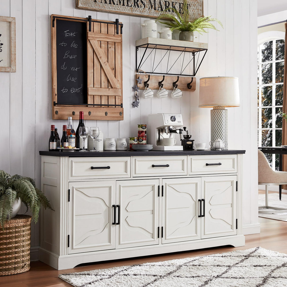 JXQTLINGMU 66" Large Buffet Sideboard Cabinet with 4 Doors and 3 Drawers, Buffet Table Coffee Bar Wine Bar Storage Cabinet for Dining Room, Living Room (Off White) JXQTLINGMU