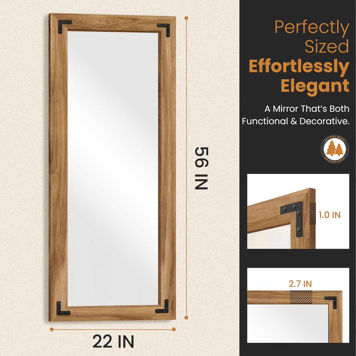 TRAHOME Full Length Mirror with Wooden Frame, 56"X22" Solid Wood Standing Floor Mirror for Farmhouse, Bathroom, Bedroom Decor, Hanging or Leaning Wall-Mounted TRAHOME