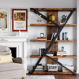 FUSUNBAO 5-Tier Wooden and Metal Frame Bookshelf,Vintage Industrial Modern Style Tall Bookcase,72 "H x 12 "W x 47" L,Rustic Large Wooden Shelf,Display Shelf for Home Office,Retro Brown FUSUNBAO