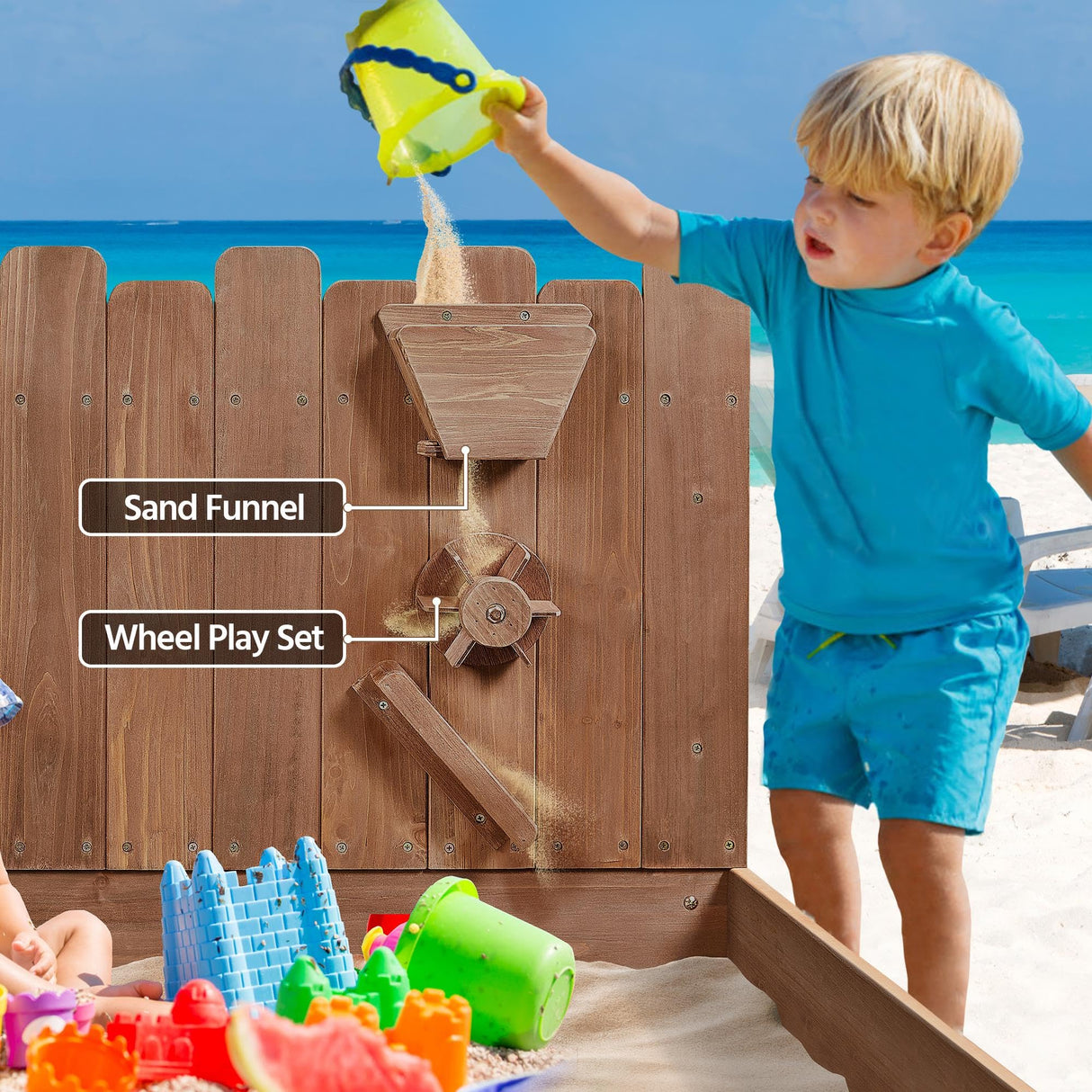 Yaheetech 53× 44.5in Wood Sand Box for Kids Ages 3-8, Sandboxes for Backyard Patio Garden Beach Outdoor Play Use, w/Fabric Liner Funnel Chutes Spinning Wheel & 2 Storage Compartments Yaheetech