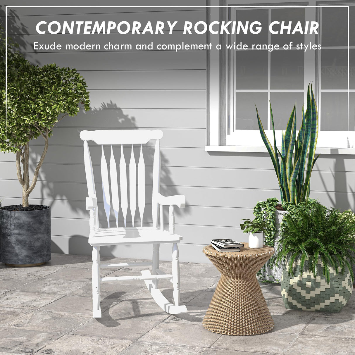 Outsunny Outdoor Wood Rocking Chair, 350 lbs. Porch Rocker with High Back for Garden, Patio, Balcony, White Outsunny