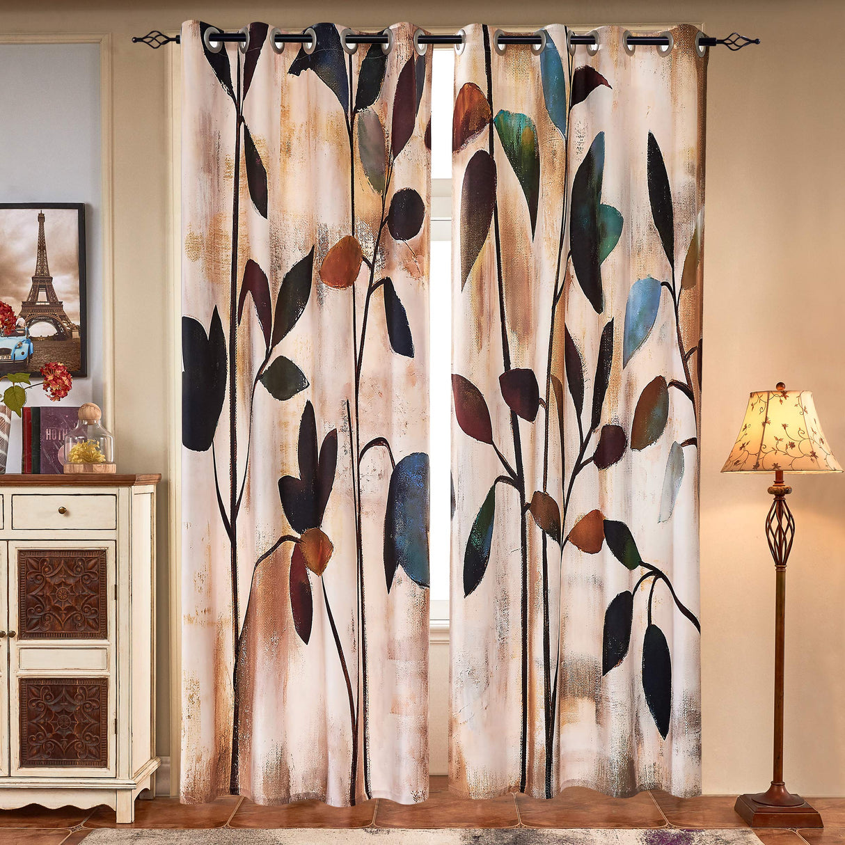 SUBRTEX Light Flitering Curtains 52Wx84L, Room Darkening Vibrant Floral Drapes, 50% Blackout, Semi Sheer Boho Farmhouse Curtains for Living Room, Brown SUBRTEX
