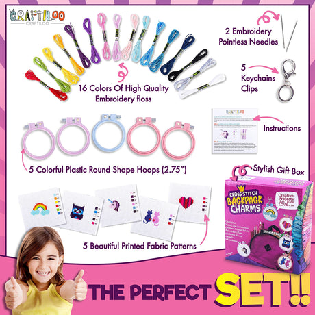 Cross Stitch Kits for Beginners. 5 Stamped Cross Stitch Kits for Kids.Needlepoint Kits for Beginners. Embroidery Kit for Kids. Crossstitch Kit for Beginners. Girls Cross Stitch kit Backpack Charms CRAFTILOO