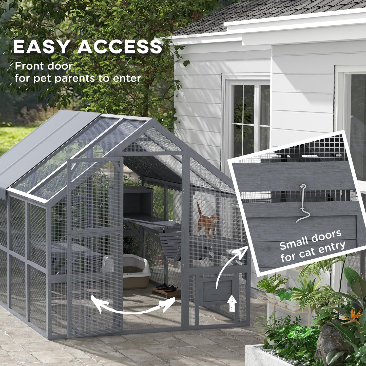 PawHut 9.2' Catio, Outdoor Cat Enclosure House, Wooden Feral Cat Shelter with Condos, UV and Waterproof Canopy, Suspension Bridges, Platforms & Multiple Doors for 3-6 Cats, Gray - WoodArtSupply