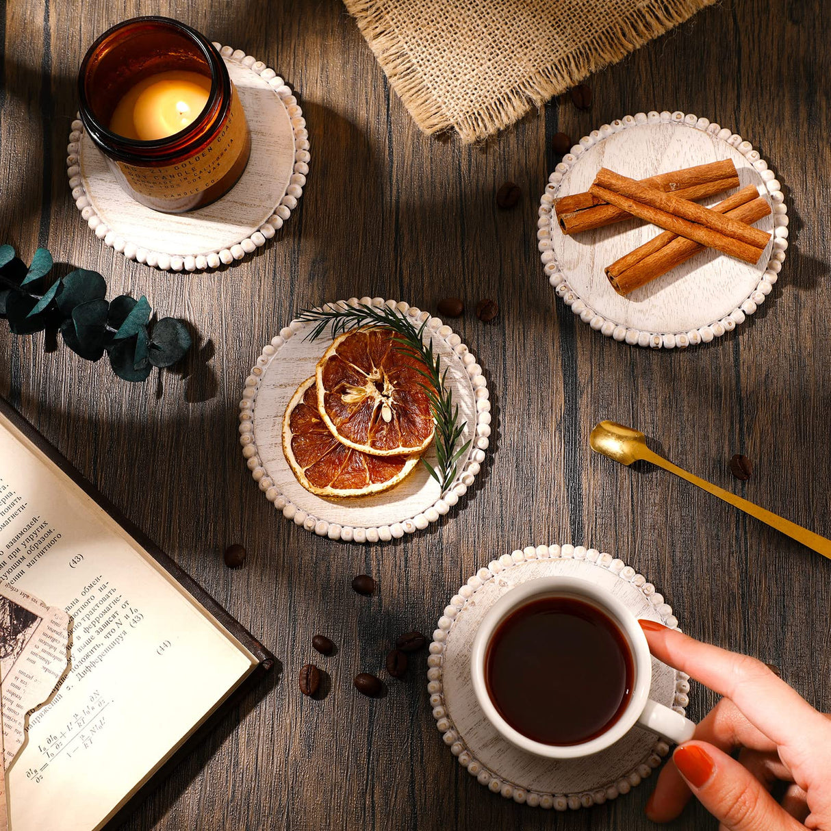 4 Pieces Wood Beaded Coasters 3.9 Inch Round Rustic Farmhouse Coasters Wooden Coasters for Drinks Decorative Table Top Coasters Wood Bar Coaster Set for Housewarming Home Kitchen (Beige) Honeydak
