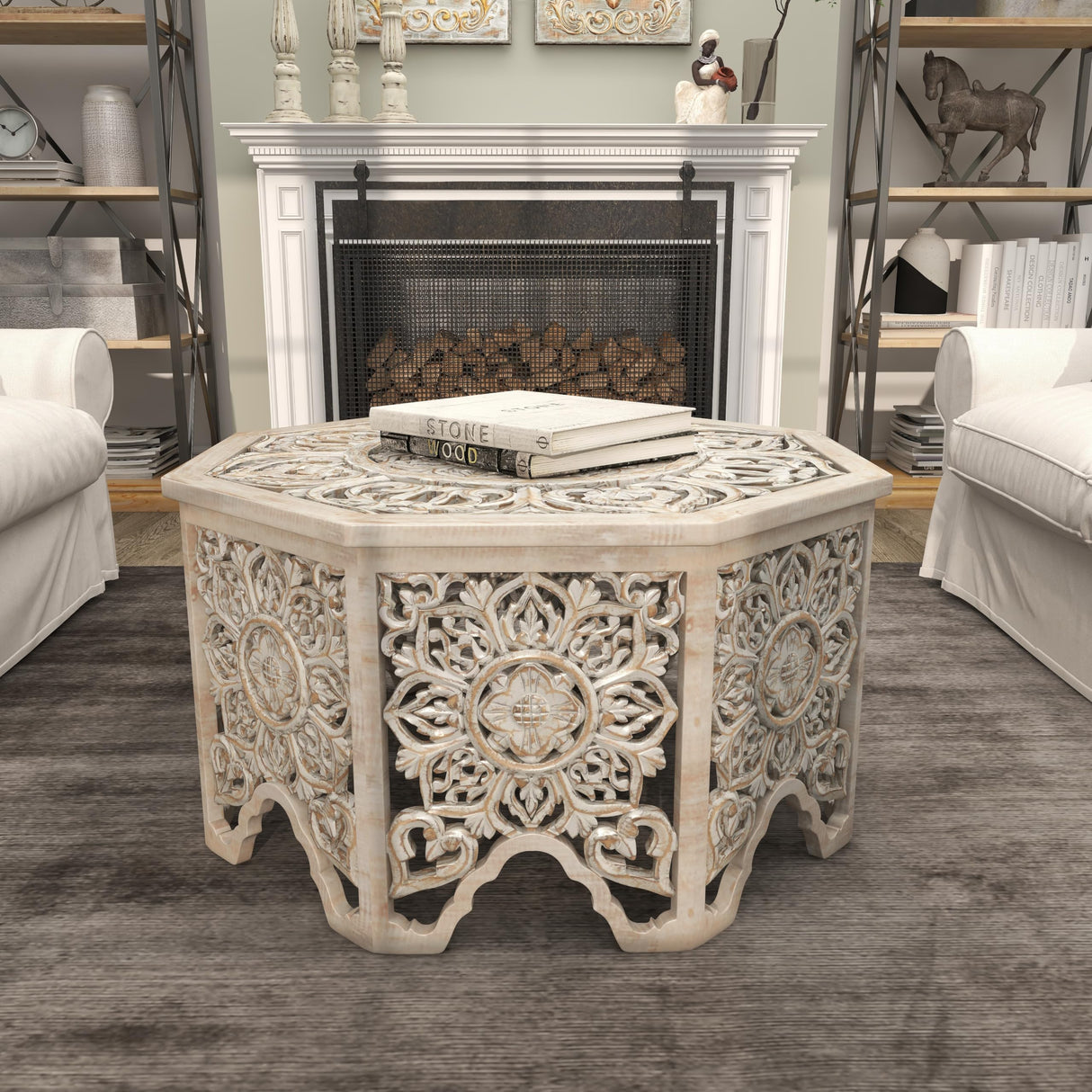 Deco 79 Wooden Floral Handmade Living Room Coffee Table Intricately Carved Table with Hollow Interior, Center Table 33" x 33" x 18", Light Gray Deco 79