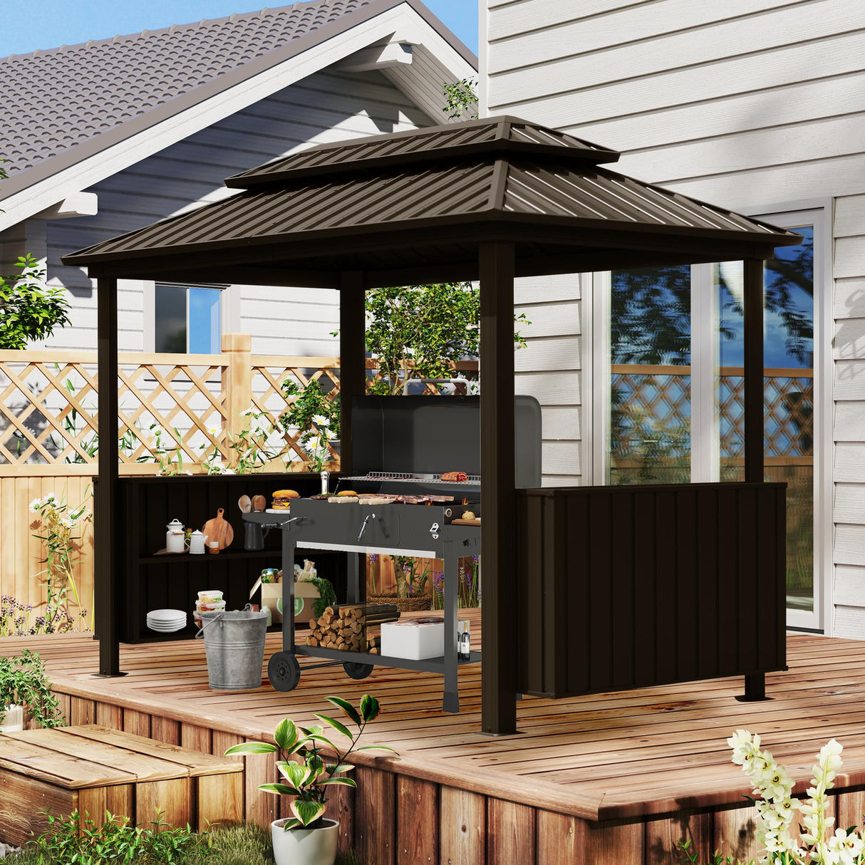 Domi 6x10FT Hardtop Grill Gazebo, Outdoor Metal BBQ Gazebo with Galvanized Steel Double Roof, 2 Double-Layer Storage Cabinets and Ceiling Hooks, Permanent Grill Canopy for Patio Backyard Garden,Brown domi outdoor living
