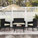 Yaheetech Patio Furniture Set 4 Pieces Conversation Sets, Rattan Chair Wicker Set Loveseat with Soft Cushion and Glass Table for Backyard Porch Garden Poolside Balcony, Black and Beige Yaheetech
