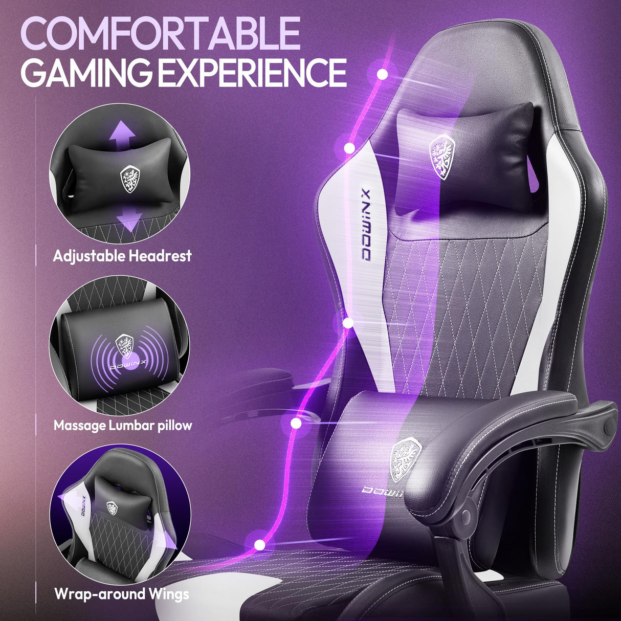 Dowinx Gaming Chair with Pocket Spring Cushion, Massage Game Chair Leather with Headrest, Ergonomic Computer Chair with Footrest 290LBS, White Dowinx